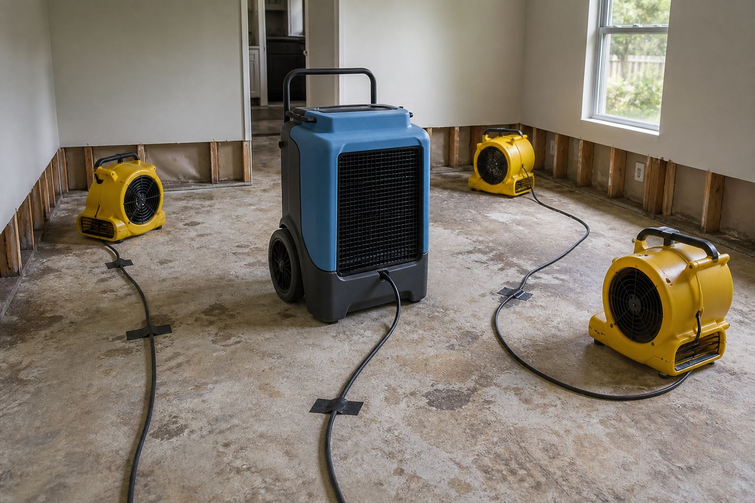 Air movers and drying equipment on a water-damaged floor for equipment tracking documentation