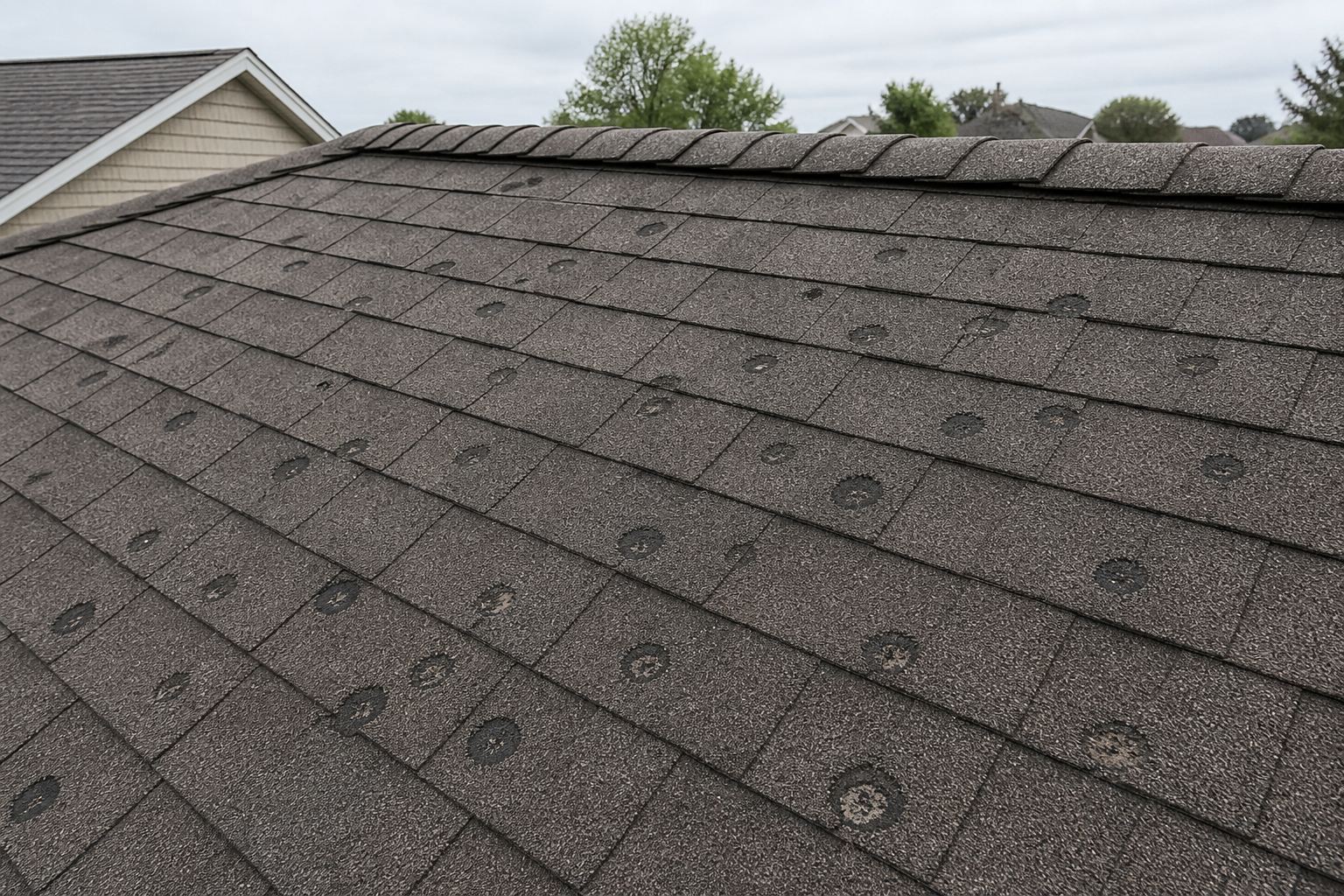 Asphalt shingle roof with hail impact marks for exterior site documentation